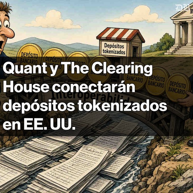 An illustration showing bank deposits and a bridge with Spanish text reading 'Quant y The Clearing House conectarán depósitos tokenizados en EE. UU.'