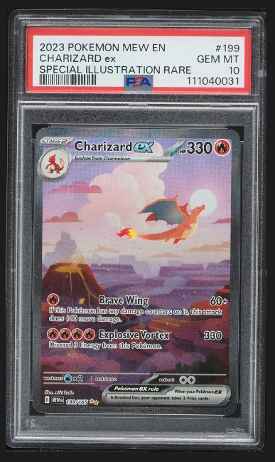 In this image, there is a Pokémon card featuring a red and black dragon flying above a volcano set against a colorful landscape. The card has an artist illustration of the dragon on its front and is enclosed within a clear plastic sleeve with a gold backing. The value of the card is prominently displayed as "20000", indicating that it was purchased for this price. A collector's email address, " Collector Crypt . com , is listed below," suggests that someone interested in this Pokémon card might have found it at their local store or online marketplace and wish to purchase it directly from the seller without needing a middleman.