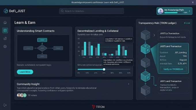 DeFi_JUST educational dashboard titled 'Knowledge empowers confidence. Learn with DeFi_JUST,' featuring Learn & Earn modules on 'Understanding Smart Contracts' and 'Decentralized Lending & Collateral' alongside a TRON Transparency Hub showing a JUST Lend Transaction with 5.2% APY.