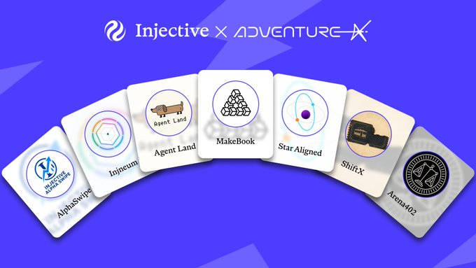 A promotional graphic shows 'Injective X ADVENTURE-X' at the top, with fanned-out cards displaying various logos including 'AlphaSwipe', 'Injeunni', 'Agent Land', 'MakeBook', 'Star Aligned', 'ShiftX', and 'Arena402'.
