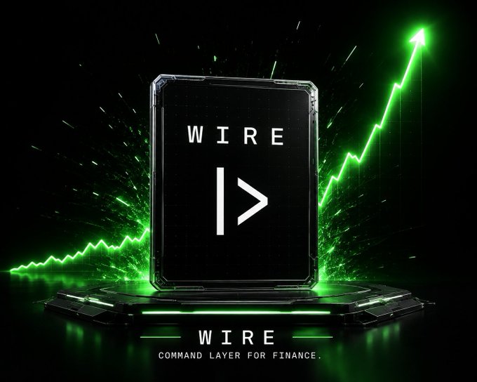 Promotional graphic for 'WIRE' featuring a black card or device with a play-button-style icon, set against a dark background with a rising green line graph and the tagline 'COMMAND LAYER FOR FINANCE.'