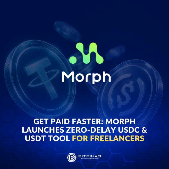 A promotional graphic for Morph features a green and white logo over a dark blue background with Tether and USDC coin illustrations, with text reading 'GET PAID FASTER: MORPH LAUNCHES ZERO-DELAY USDC & USDT TOOL FOR FREELANCERS' and a 'BITPINAS CRYPTONEWS' logo at the bottom.