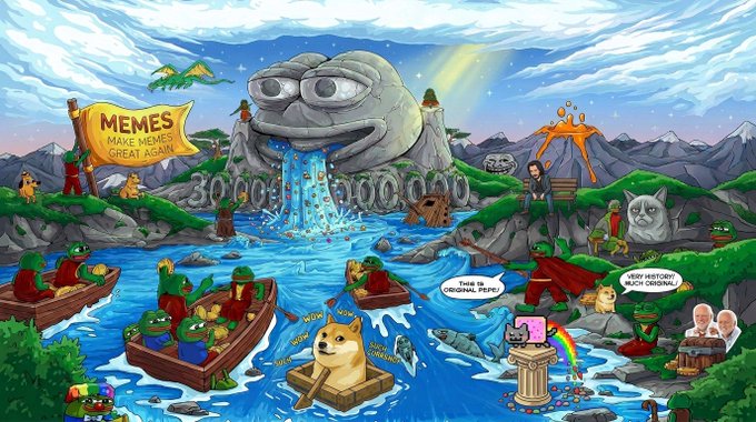 A vibrant digital landscape depicts a Pepe the Frog-themed meme realm, featuring a giant stone Pepe head with a waterfall, a "MEMES MAKE MEMES GREAT AGAIN!" banner, and "30,000,000,000" spelled out in stone — directly visualizing the post's announcement of a record 30 billion $MEMES token distribution as rewards for community contributions. Frog characters in boats, a Doge figure on a raft, and other iconic meme characters populate the scene, celebrating the achievement.