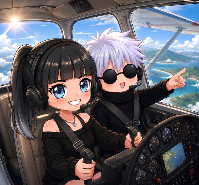 An anime-style illustration shows a girl with black hair and a boy with white hair and round sunglasses sitting in the cockpit of a small plane flying over a tropical coastline.