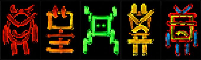 Five stylized, pixel-art figures resembling robots or aliens, each rendered in a different color (red, orange, green, yellow, and multi-colored).