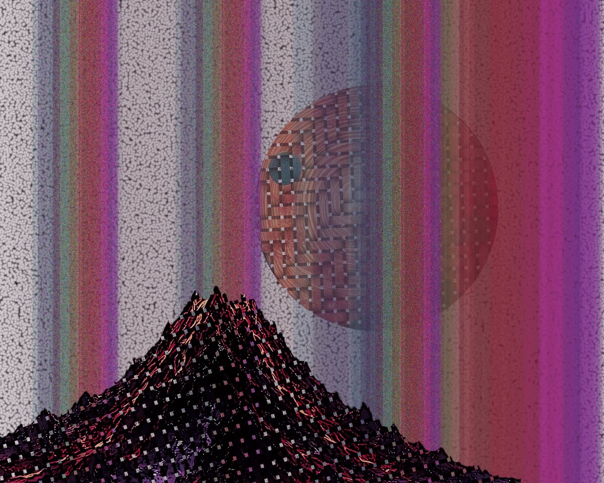 The image features a large mountain with a volcano at its base, surrounded by a colorful abstract background that includes stripes of pink, purple, green, orange, and blue colors. The caption for this image reads "Happy #TEZOSTUESDAY my available OE on @objktcom Volcanic Eclipse 5 XTZ Chaos within nature, where eruption and eclipse reveal the scale of creation in a single breath".