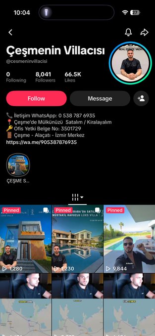 A TikTok profile page for 'Çeşmenin Villacısı' (@cesmeninvillacisi) showing 8,041 followers, 66.5K likes, and contact information including a WhatsApp number and location in Mulkunuzu Satalim.