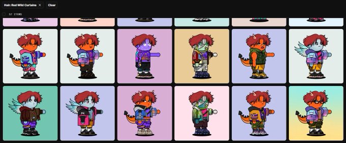 ids for a grid of 16 cartoon characters, each with unique clothing and accessories, arranged in 4 rows and 4 columns against a light brown background.