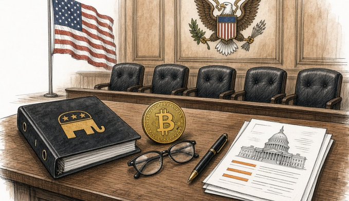 An illustration depicts a courtroom setting featuring a US flag, the presidential seal, a book with a Republican elephant logo, a Bitcoin coin, a pen, glasses, and a document showing the Capitol building.