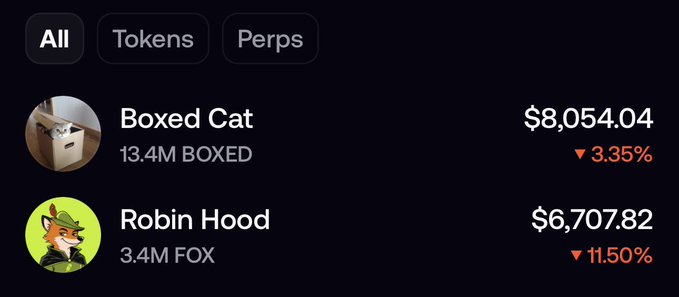 A cryptocurrency portfolio screenshot displays holdings in two meme coins: "Boxed Cat" (BOXED) valued at $8,054.04, down 3.35%, and "Robin Hood" (FOX) valued at $6,707.82, down 11.50%, supporting the post's claim about holding $FOX and highlighting the recent price dip as a potential buying opportunity.