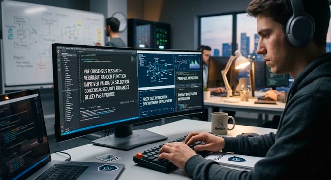 A young man wearing headphones focuses intently while typing code on a keyboard in front of dual monitors displaying code and graphs in a tech office setting.