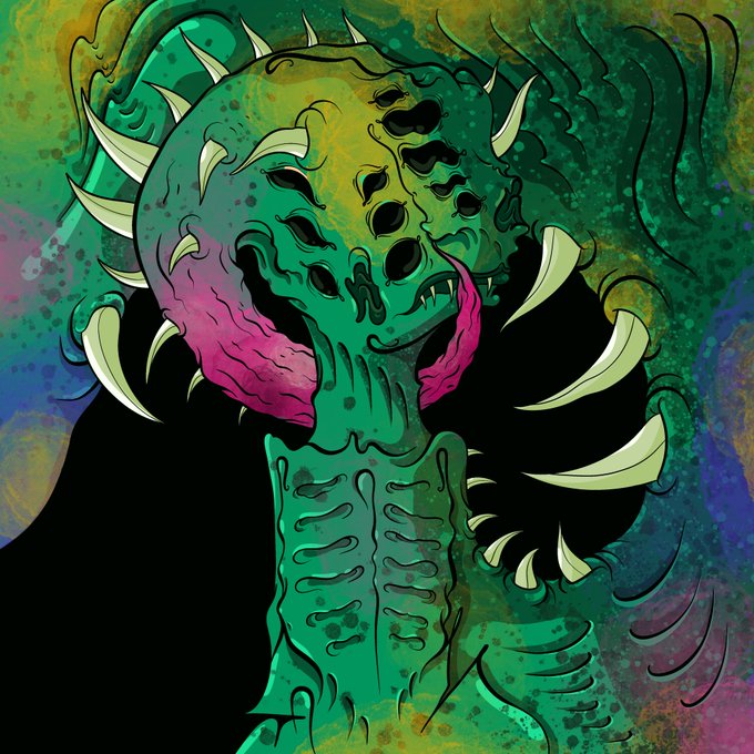 A menacing green monster/demon with multiple eye holes, spiked horns, claws, and pink tendrils, set against a swirling dark green and purple background.