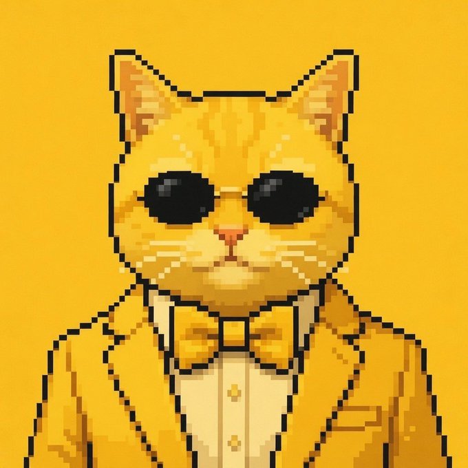 A pixel art image features a yellow cat wearing sunglasses and a bow tie, set against a matching yellow background. The vibrant, eye-catching style aligns with the post's description of Yellowcatz_ artwork and its bold monochromatic aesthetic, which stops viewers from scrolling.