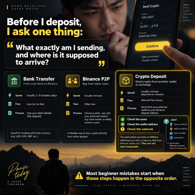 An infographic titled "Before I deposit, I ask one thing: What exactly am I sending, and where is it supposed to arrive?" compares three Binance funding methods—Bank Transfer, Binance P2P, and Crypto Deposit—highlighting their differences in speed, fees, and process, with emphasis on checking the asset, wallet address, and network when depositing USDT. The image visually reinforces the post's warning that beginner mistakes often happen when users treat different deposit methods interchangeably, especially for tokens like USDT which exist on multiple networks (ERC20, BEP20, ARB, SPL).