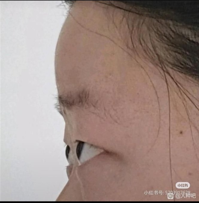 A close-up profile shot of a person's eye and eyebrow area, with a Xiaohongshu watermark reading "小红书号: 5703912628" and "人种吧".