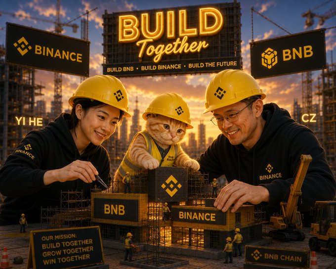 A promotional image for Binance featuring two people in yellow hard hats and a cat in a construction outfit, building structures labeled 'BNB' and 'BINANCE'. Text reads 'BUILD Together', 'BUILD BNB • BUILD BINANCE • BUILD THE FUTURE', and 'OUR MISSION: BUILD TOGETHER, GROW TOGETHER, WIN TOGETHER', with labels 'YI HE' and 'CZ'.