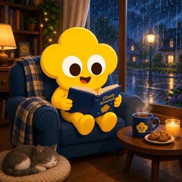 A yellow cartoon cloud character wearing big eyes reads a book titled 'Cloudy Adventures' while sitting in a cozy armchair next to a sleeping cat, a Starbucks mug, cookies, and a rainy window.