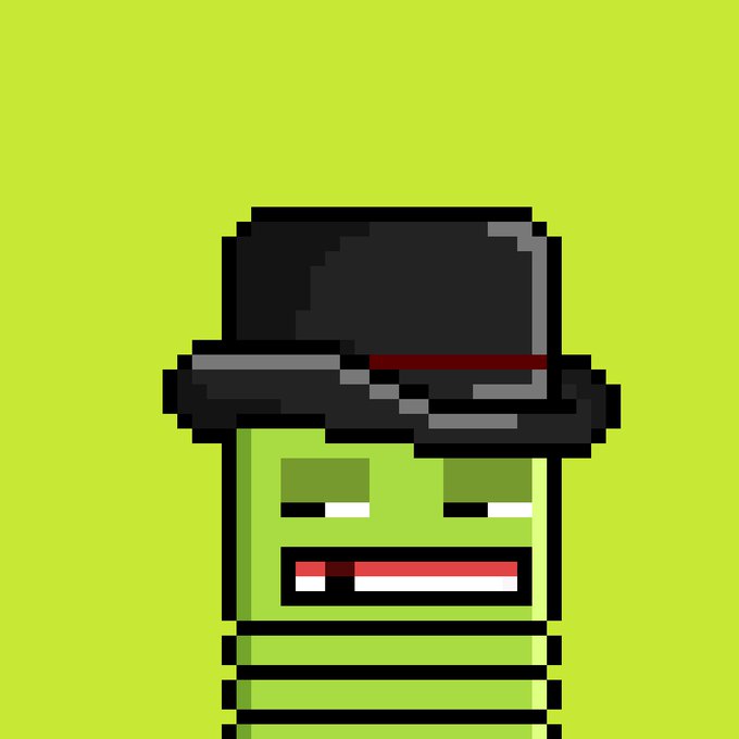 A green pixel-art character with a smirking expression and a black top hat stands against a lime green background, serving as a playful mascot for the "Gooies" NFT collection featured in the accompanying promotional message.