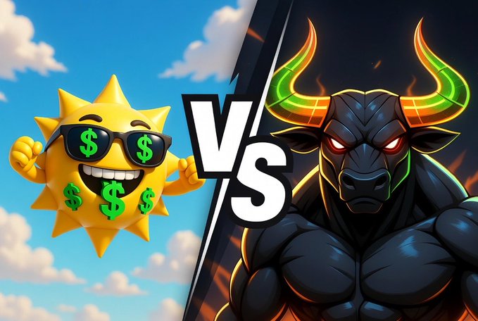 A split-screen "VS" image featuring a cartoon sun wearing sunglasses with dollar signs on the left, contrasted against a muscular, neon-horned bull on the right—symbolizing the underdog meme coin $ANSEM's meteoric rise from a 300k to nearly 200M market cap against skeptics.