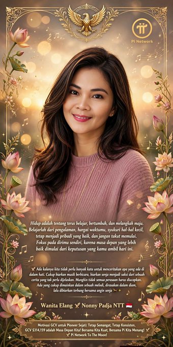 A promotional graphic for 'Pi Network' featuring a smiling woman named 'Wanita Elang' with Indonesian text, music notes, and floral decorations.