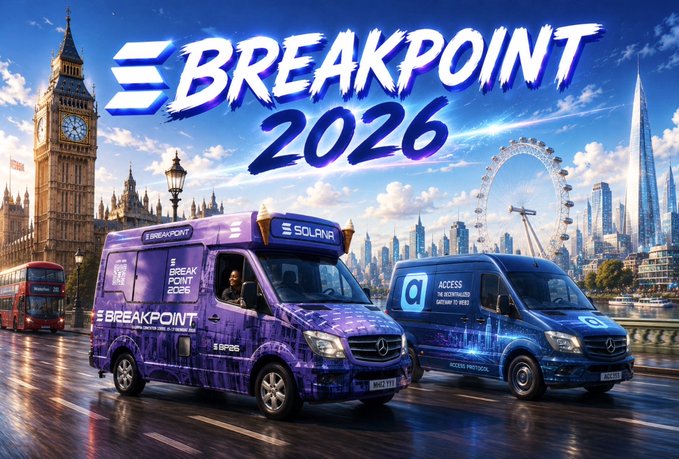 A promotional graphic for "Breakpoint 2026" features two branded vans—one purple for Breakpoint featuring "SOLANA" text, and one blue for "Access Protocol"—parked on a London street with iconic landmarks like Big Ben, the London Eye, and the Shard in the background. The image visually supports the announcement of Access Protocol's presence at Breakpoint 2026, highlighting the partnership between the two brands ahead of the Solana ecosystem event.