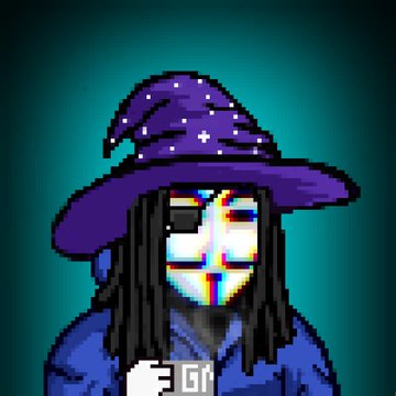 A pixel art character with a glitching, color-distorted face wearing a purple wizard hat with stars and a blue hoodie, set against a teal background.