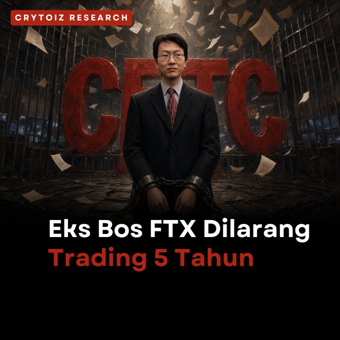 A dramatic 'CRYTOIZ RESEARCH' graphic showing a man in a suit with the text 'Eks Bos FTX Dilarang Trading 5 Tahun'.