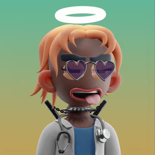 A 3D cartoon figure labeled "Doctor" features an orange-haired character with heart-shaped sunglasses, a halo, a spiked collar, and a stethoscope, sticking out their tongue. The image aligns with the post's playful "chad" giveaway theme, using the edgy doctor meme character to promote engagement with @888s_Society.