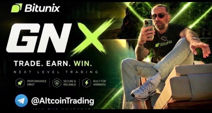 A promotional graphic for the Bitunix "GNX" crypto trading platform featuring a man seated on a couch looking at his phone, with the tagline "TRADE. EARN. WIN." and tagged @AltcoinTrading. The image's "GN" (good night) branding and Bitunix messaging ties directly into the post's evening sign-off, encouraging followers to share low-profile crypto picks as a final thought before sleep.