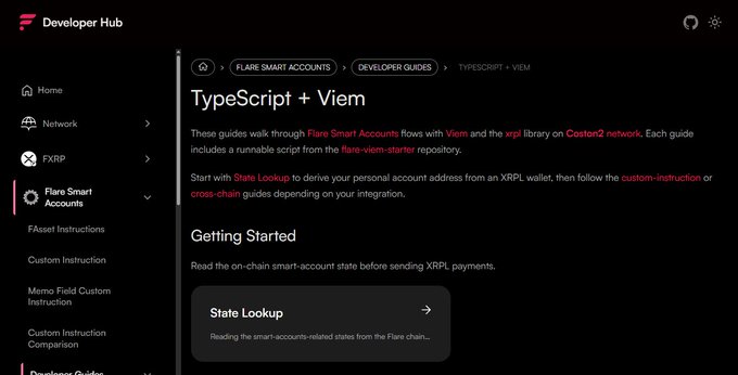 A screenshot of the Flare Developer Hub documentation page for 'TypeScript + Viem' under Flare Smart Accounts developer guides.