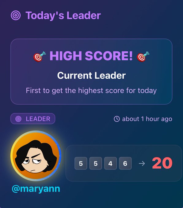 The image shows a leaderboard for a game with a cartoon character, specifically a girl or woman, who has a sad expression. The scoreboard displays her current high score of 20 points, indicating that she has been playing the game for about 1 hour ago. The post suggests that players should roll a dice daily to improve their scores and compete against others in the leaderboard.