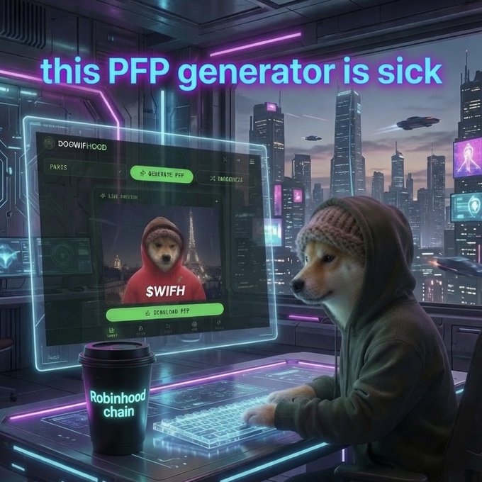 A cyberpunk-style Shiba Inu wearing a red hoodie and beanie sits at a futuristic neon-lit workstation in a futuristic cityscape, with a holographic interface showing "DogWifHood" PFP generator featuring a "WIFH" dog avatar, while a coffee cup displays "Robinhood Chain"—visually promoting the $WIFH meme token's new PFP tool and cross-chain expansion to Robinhood Chain as referenced in the post.