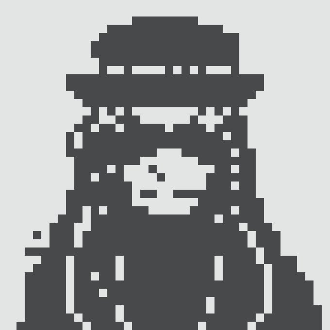 A pixelated black and white image depicting a figure wearing a hat with a visor.
