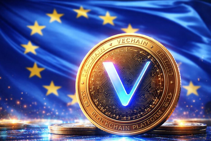 A digital rendering of a gold 'VECHAIN BLOCKCHAIN PLATFORM' coin featuring a glowing blue 'V' symbol, set against the backdrop of the European Union flag.