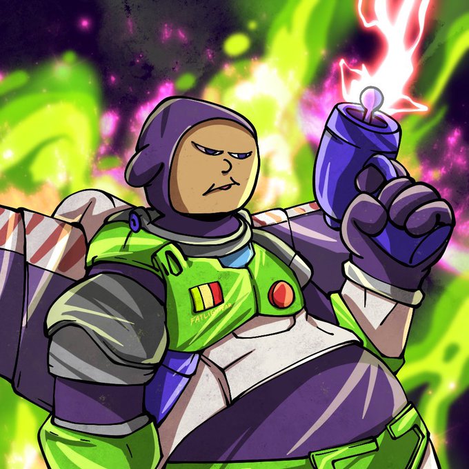 The image depicts Buzz Lightyear from Toy Story holding his blaster against a vibrant green and purple cosmic background, with "FATTYCLUB" text visible on his chest armor.

The post references "fatboyclubx," and the image cleverly substitutes Buzz Lightyear's chest panel text with "FATTYCLUB," creating a playful Buzz-themed visual tie-in to promote the project's snapshot eligibility for PINIE holders before the mint.