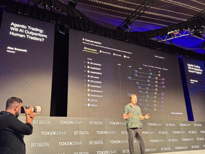 A presenter at the TOKEN2049 conference delivers a presentation titled "Agentic Trading: Will AI Outperform Human Traders?" by Alex Svanevik, Nansen, showing AI models like GPT-4, Claude, and Grok compared for cost per session on a large screen.