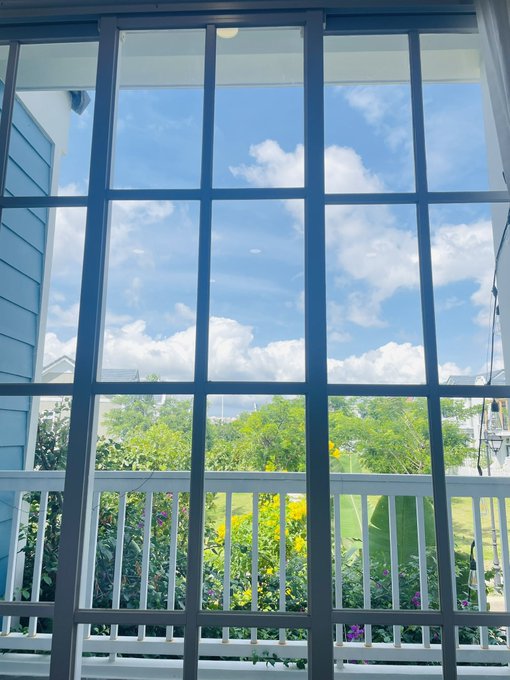 A view through a large multi-paned window showing a bright blue sky with scattered clouds, lush green trees, and a white balcony railing with tropical plants below.