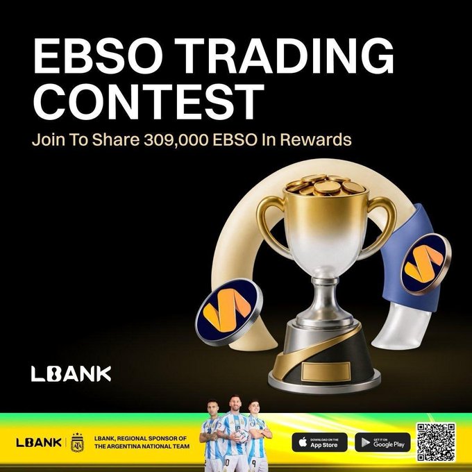 The image is a promotional banner for the **"EBSO Trading Contest"** by **LBank**, advertising a **309,000 EBSO** reward pool, featuring a golden trophy flanked by Argentine National Team-themed branding (with "LBANK, Regional Sponsor of The Argentina National Team") and an Argentine football legend holding the FIFA World Cup trophy, along with App Store and Google Play download badges and a QR code. The image visually reinforces the post's message by framing the trading contest as a competitive "championship" with tiered entry options, where new traders can qualify with a small initial spot trade while heavier traders compete for the larger cumulative reward pool.