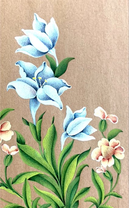 A painted illustration of blue and white lilies with green leaves on a tan/kraft paper background, accompanied by smaller pink flowers.