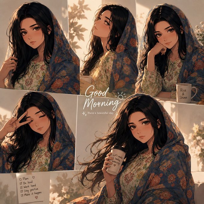 A "Good Morning, Have a beautiful day" collage featuring an anime-style girl with long dark hair wrapped in a floral blue shawl holding a "Rise & Shine" mug, alongside a checklist reading "Plan, Be kind, Work hard, Stay positive, Make it happen." The cozy, warm-toned aesthetic pairs with the celebratory post about climbing into the top 300 of NomismaNetwork and the smooth Tria card shopping experience, capturing a relaxed morning vibe to match the good news.