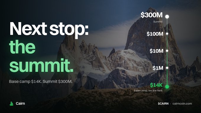An advertisement for the cryptocurrency 'Cairn' featuring a mountain graphic with the text 'Next stop: the summit' and a price progression from 'Base camp: we are here $14K' up to 'Summit $300M'.