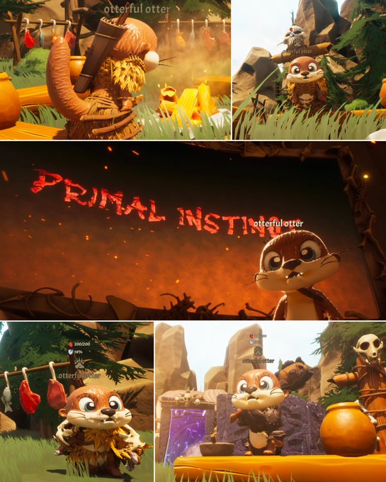 Screenshots from a video game featuring an otter character with a bamboo backpack, displaying the text "PRIMAL INSTIN" and the watermark "otterful otter".
