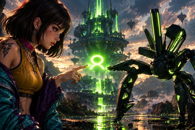 A digital artwork depicting a young woman reaching out toward a glowing green symbol, facing a mechanical, spider-like creature with glowing green accents against a backdrop of a futuristic, floating city.