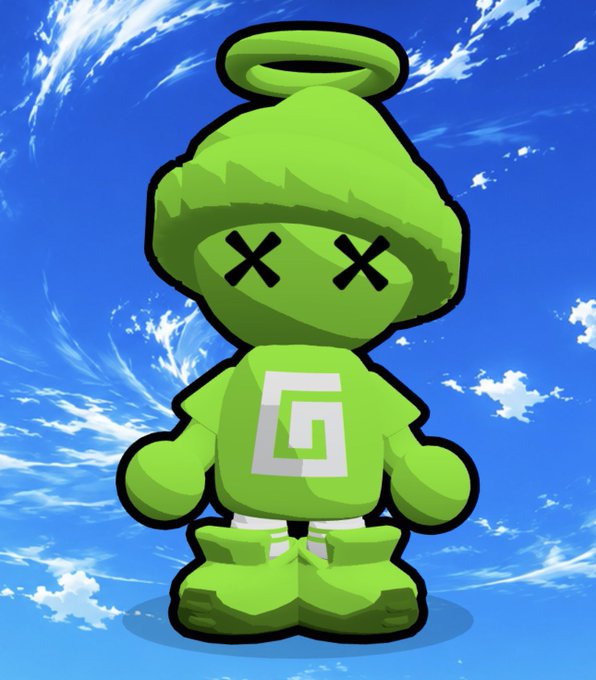 A cartoon illustration features a green character with X-shaped eyes, wearing a hoodie with a square logo, standing against a bright blue sky with clouds.