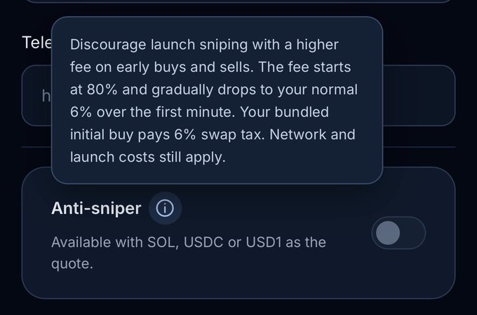 An informational pop-up about an 'Anti-sniper' feature explaining that it discourages launch sniping with a higher fee starting at 80% on early buys and sells, gradually dropping to a normal 6% over the first minute.