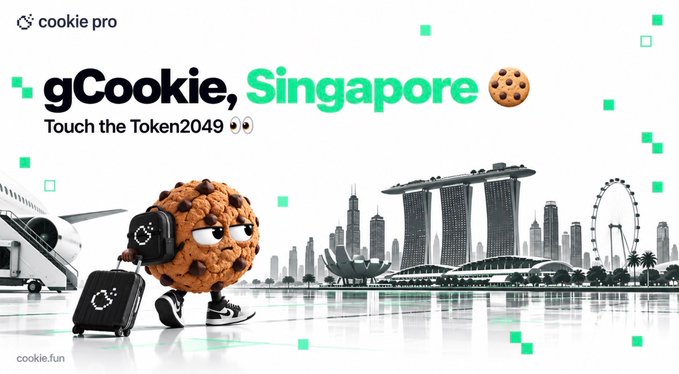 A promotional graphic for Cookie Pro features the gCookie mascot—a chocolate chip cookie character wearing headphones and carrying a suitcase—standing in front of a grayscale Singapore skyline featuring Marina Bay Sands and the Singapore Flyer. The text reads "gCookie, Singapore 🍪" and "Touch the Token2049 👀," tying the travel-themed mascot to the Token2049 crypto conference in Singapore.