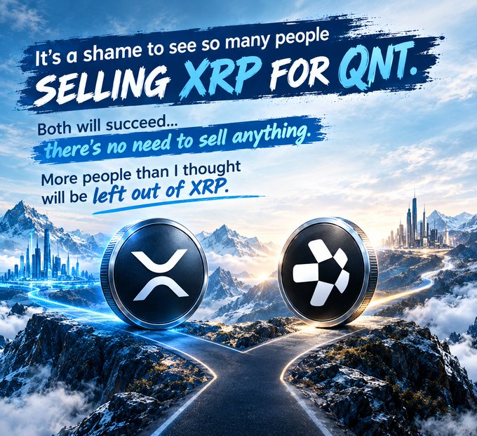 A promotional graphic with text "It's a shame to see so many people SELLING XRP FOR QNT. Both will succeed... there's no need to sell anything. More people than I thought will be left out of XRP," featuring XRP and Quant (QNT) coin logos over a mountain and city landscape.
