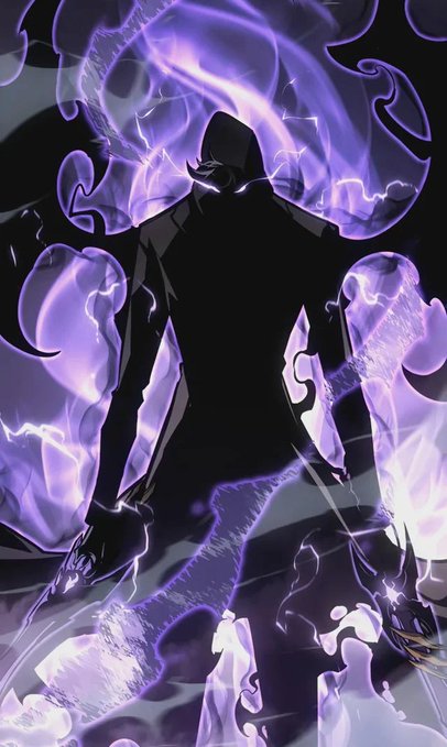 A dark anime-style illustration of a shadowy figure surrounded by glowing purple flames and ethereal energy.