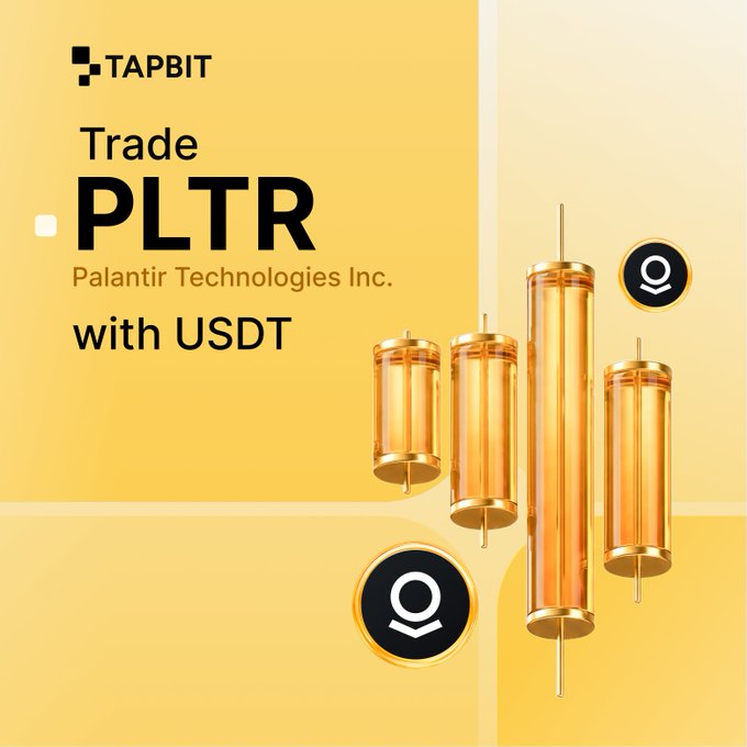 A promotional advertisement for Tapbit featuring gold candlestick chart graphics and text reading 'Trade PLTR Palantir Technologies Inc. with USDT'.