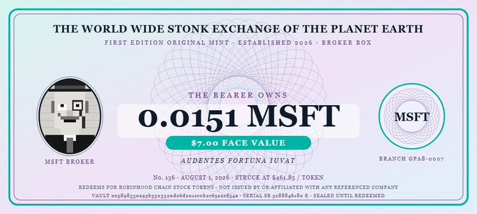A digital stock certificate from "The World Wide Stonk Exchange of the Planet Earth" representing ownership of 0.0151 MSFT (Microsoft) tokens with a $7.00 face value, issued by broker MSFT Broker (branch QPAS-0007) under serial 1588861680. The certificate relates to the user's onboarding to @realstonkbroker, showcasing a novelty blockchain-based token system that mimics traditional stock certificates while tying into the UtopiaWeb3 community they're praising.